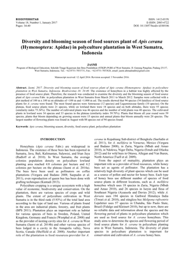 Diversity and Blooming Season of Food Sources Plant of Apis Cerana (Hymenoptera: Apidae) in Polyculture Plantation in West Sumatra, Indonesia