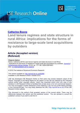 Land Tenure Regimes and State Structure in Rural Africa: Implications for the Forms of Resistance to Large-Scale Land Acquisitions by Outsiders