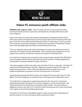 Valour FC Announce Youth Affiliate Clubs