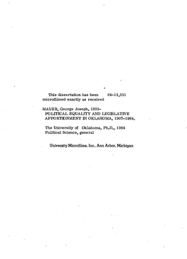 University Microfilms, Inc., Ann Arbor, Michigan Copyright by GEORGE JOSEPH MAUER 1964 the UNIVERSITY of OKLAHOMA