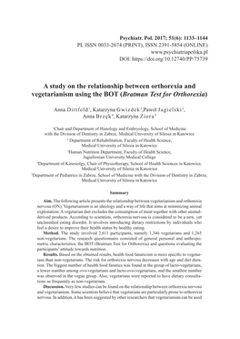 A Study on the Relationship Between Orthorexia and Vegetarianism Using the BOT (Bratman Test for Orthorexia)