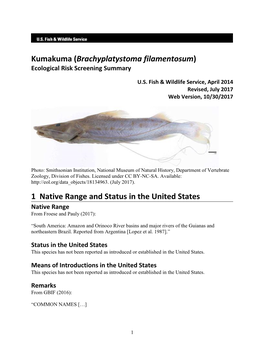 Brachyplatystoma Filamentosum) Ecological Risk Screening Summary