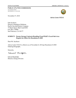 PUBLIC UTILITIES COMMISSION November 27, 2018 Advice Letter