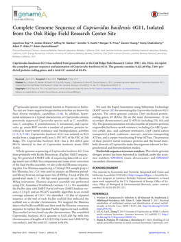 Complete Genome Sequence of Cupriavidus Basilensis 4G11, Isolated from the Oak Ridge Field Research Center Site