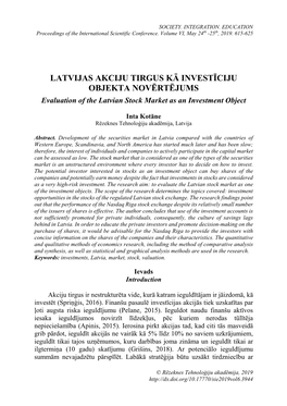 LATVIJAS AKCIJU TIRGUS KĀ INVESTĪCIJU OBJEKTA NOVĒRTĒJUMS Evaluation of the Latvian Stock Market As an Investment Object