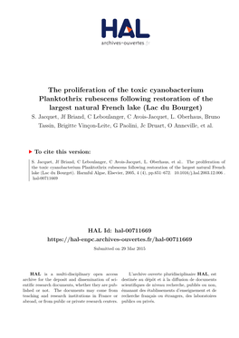 The Proliferation of the Toxic Cyanobacterium Planktothrix Rubescens Following Restoration of the Largest Natural French Lake (Lac Du Bourget) S