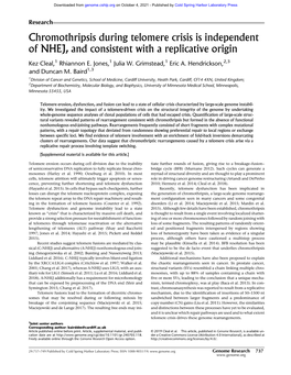 Chromothripsis During Telomere Crisis Is Independent of NHEJ, and Consistent with a Replicative Origin