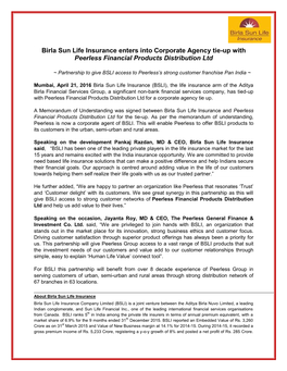 Birla Sun Life Insurance Enters Into Corporate Agency Tie-Up with Peerless Financial Products Distribution Ltd