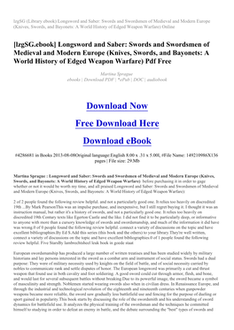 Longsword and Saber: Swords and Swordsmen of Medieval and Modern Europe (Knives, Swords, and Bayonets: a World History of Edged Weapon Warfare) Online