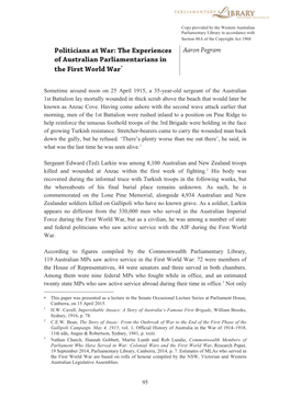 Politicians at War: the Experiences Aaron Pegram of Australian Parliamentarians in the First World War