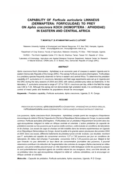 CAPABILITY of Forficula Auricularia LINNAEUS (DERMAPTERA: FORFICULIDAE) to PREY on Aphis Craccivora KOCH (HOMOPTERA : APHIDIDAE) in EASTERN and CENTRAL AFRICA