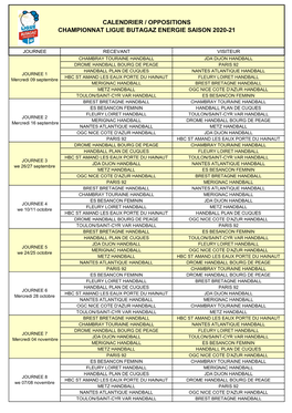 Calendrier / Oppositions Championnat Ligue Butagaz Energie Saison 2020-21