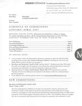 Schedule of Exhibitions January-April 2007 New