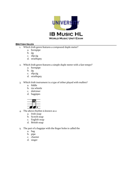 IB Music HL World Music Unit Exam