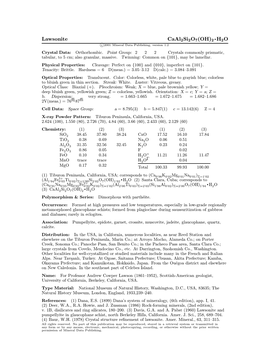 Lawsonite Caal2si2o7(OH)2 ² H2O C 2001 Mineral Data Publishing, Version 1.2 ° Crystal Data: Orthorhombic