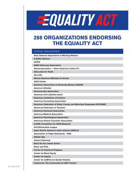 288 Organizations Endorsing the Equality Act