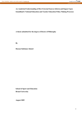 An Analytical Understanding of How External Sources Inform and Impact Upon Somaliland’S National Education and Teacher Education Policy Making Processes