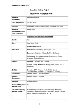 GAA Oral History Project Interview Report Form