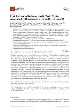 Pink Bollworm Resistance to Bt Toxin Cry1ac Associated with an Insertion in Cadherin Exon 20