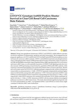 GSTO1*CC Genotype (Rs4925) Predicts Shorter Survival in Clear Cell Renal Cell Carcinoma Male Patients