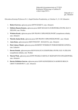 Załączniki Do Postanowienia Nr 57/2019 Komisarza Wyborczego W Lublinie IV Z Dnia 6 Maja 2019 R. Załącznik Nr 1 Gm. Abramów