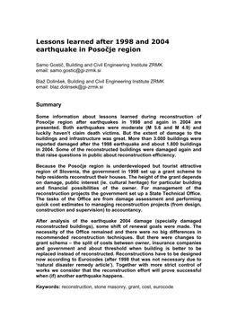 Lessons Learned After 1998 and 2004 Earthquake in Posočje Region