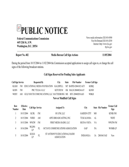 PUBLIC NOTICE Federal Communications Commission News Media Information 202/418-0500 Fax-On-Demand 202/418-2830 445 12Th St., S.W