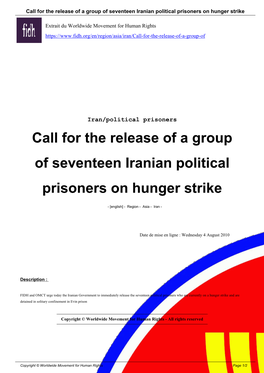 Call for the Release of a Group of Seventeen Iranian Political Prisoners on Hunger Strike