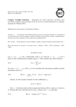 Inequality for Entire Functions Involving Their Maximum Modulus and Maximum Term,Bytatyana Shaposhnikova, Commu- Nicated on 9 March 2012