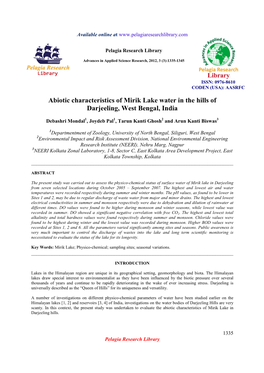 Abiotic Characteristics of Mirik Lake Water in the Hills of Darjeeling, West Bengal, India