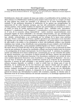 David Igual Luis Los Agentes De La Banca Internacional: Cambistas Y Mercaderes En Valencia* [A Stampa in “Revista D’Història Medieval”, XI (2000), Pp