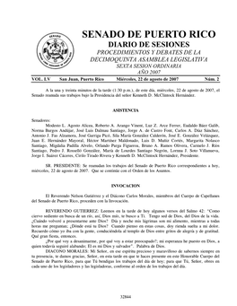 Senado De Puerto Rico Diario De Sesiones Procedimientos Y Debates De La Decimoquinta Asamblea Legislativa Sexta Sesion Ordinaria Año 2007 Vol