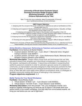 University of Rhode Island Graduate School Diversity & Inclusion Badge Program (DIBP) Workshop Schedule – Fall 2020 (Orde