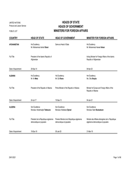 HEADS of STATE Protocol and Liaison Service HEADS of GOVERNMENT PUBLIC LIST MINISTERS for FOREIGN AFFAIRS