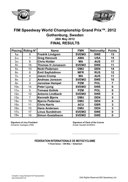 FIM Speedway World Championship Grand Prix™. 2012 Gothenburg, Sweden 26Th May 2012 FINAL RESULTS