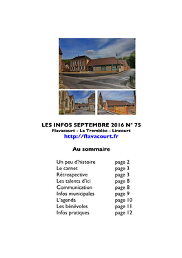 LES INFOS SEPTEMBRE 2016 N° 75 Au Sommaire Un