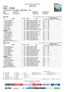 Round of 16 Start List Japan - Sweden # 38 28 OCT 2013 17:00 Sharjah / Sharjah Stadium / UAE