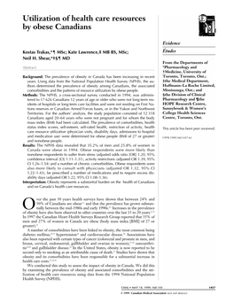 Utilization of Health Care Resources by Obese Canadians