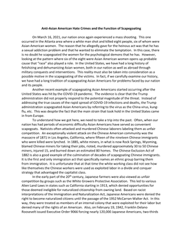 Anti-Asian American Hate Crimes and the Function of Scapegoating on March 16, 2021, Our Nation Once Again Experienced a Mass