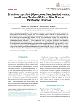 Sinuolinea Capsularis (Myxosporea: Sinuolineidae) Isolated from Urinary Bladder of Cultured Olive Flounder Paralichthys Olivaceus