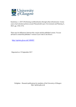 Performing Neoliberalization Through Urban Infrastructure: Twenty Years of Privatization Policies Around Thessaloniki's Port
