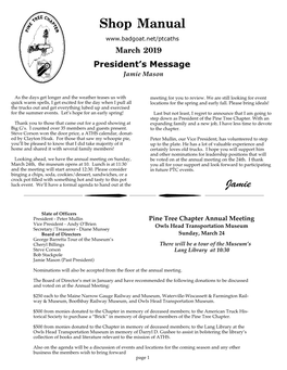 Shop Manual March 2019 President’S Message Jamie Mason