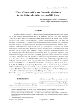 Effects of Acute and Chronic Gamma Irradiations on in Vitro Culture of Anubias Congensis N.E