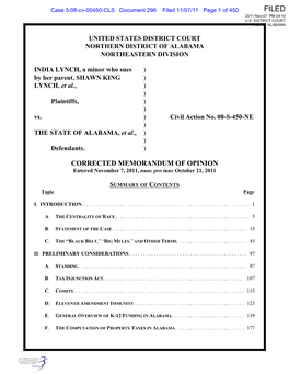 CORRECTED MEMORANDUM of OPINION Entered November 7, 2011, Nunc Pro Tunc October 21, 2011