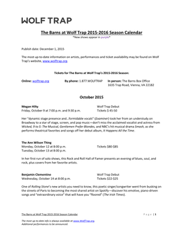 The Barns at Wolf Trap 2015-2016 Season Calendar *New Shows Appear in Purple*