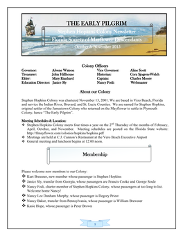 THE EARLY PILGRIM Stephen Hopkins Colony Newsletter Florida Society of Mayflower Descendants October & November 2015