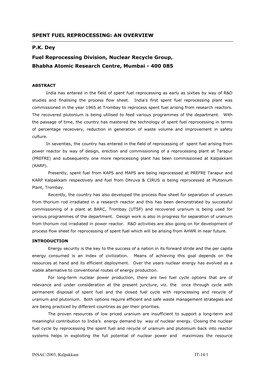 AN OVERVIEW PK Dey Fuel Reprocessing Division, Nuclear Recycle Group, Bhabha Atomic Research Centre