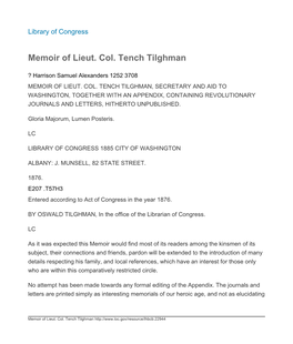 Memoir of Lieut. Col. Tench Tilghman