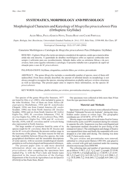 Morphological Characters and Karyology of Miogryllus Piracicabensis Piza (Orthoptera: Gryllidae)