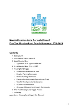 Newcastle-Under-Lyme Borough Council Five Year Housing Land Supply Statement: 2018-2023